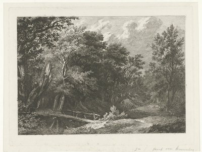 Vista al bosque con puente de madera de Constantinus Cornelis Huysmans