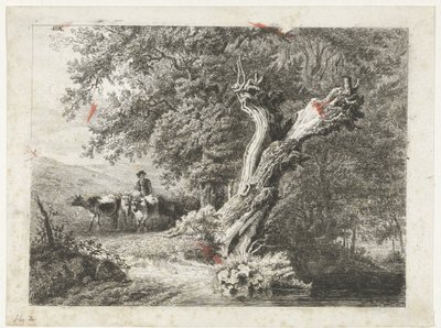 paisaje con árbol desnudo y pastor de Constantinus Cornelis Huysmans