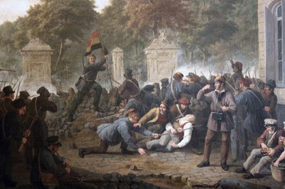 Barricada revolucionaria frente al Parque de Bruselas durante los combates entre los rebeldes belgas y las fuerzas holandesas en 1830 de Constantinus Fidelio Coene