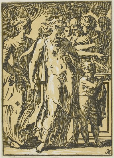 Una mujer, un niño y figuras alrededor de un pedestal de Conte Antonio Maria Zanetti the Elder