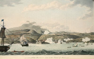 Vista suroeste de los fuertes Bourbon y Louis en la isla de Martinica, ilustración de 