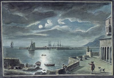 El puerto y el Cobb, Lyme Regis, Dorset, a la luz de la luna de Copplestone Warre Bamfylde