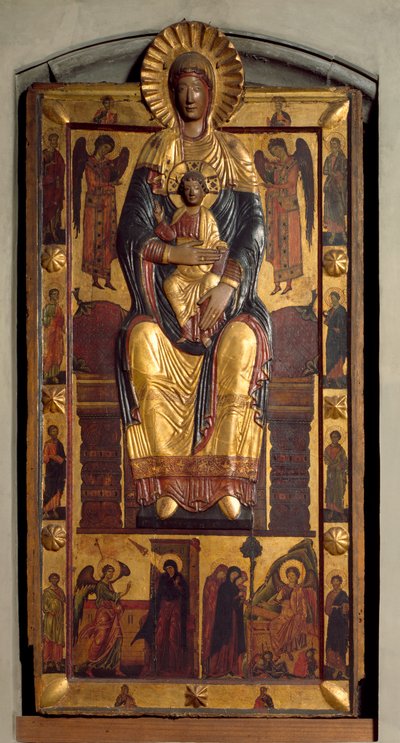 Virgen en el trono con el niño, dos ángeles, los apóstoles. La Anunciación y las santas mujeres en el sepulcro. Bajo relieve de madera policromada de Coppo di Marcovaldo (attr.to)