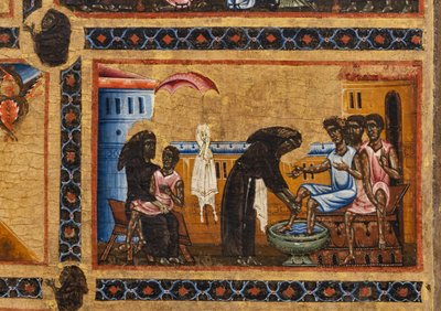 Retablo de San Francisco Bardi y veinte historias de su vida, La Capilla Bardi, Detalle del Santo que enseña a los leprosos, mientras sostiene a uno en sus brazos y lava los pies de los demás de Coppo di Marcovaldo