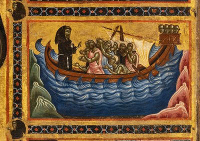 Retablo de San Francisco Bardi y veinte historias de su vida, La Capilla Bardi, detalle del Santo salvando una barca que había salido de Ancona de Coppo di Marcovaldo