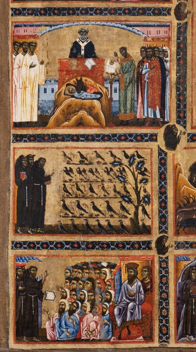 Bardi Retablo de San Francisco y veinte historias de su vida, detalles de arriba: la creación del belén en Greccio San Francisco predicando a los pájaros, San Francisco predicando a los musulmanes delante del sultán,1245-50 de Coppo di Marcovaldo