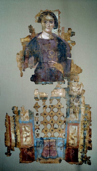 Arte copto: fragmento de sudario de lino pintado que representa a una joven llamada la dama de la cruz ansada de Coptic Coptic