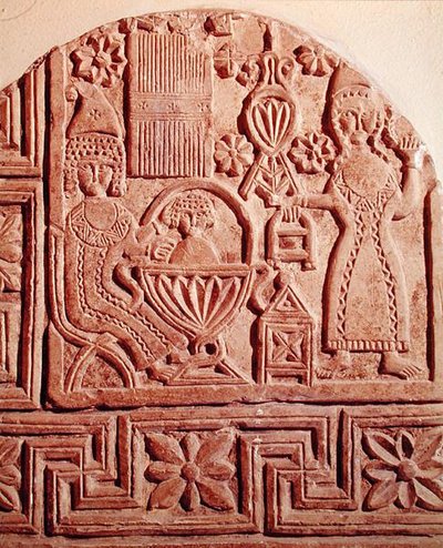 Estela que representa el baño del niño Jesús de Coptic Coptic