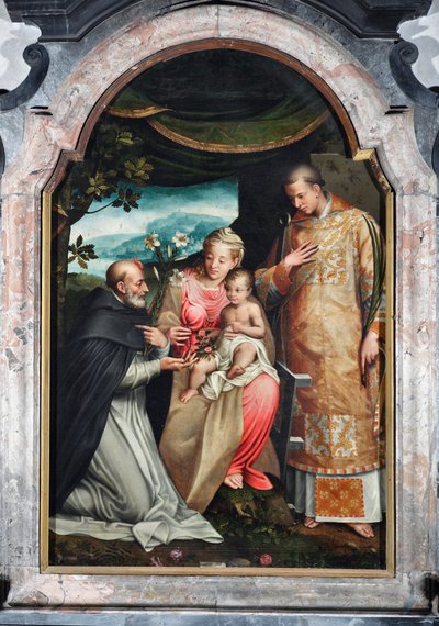 Virgen con el Niño entre San Vicente Ferrier (1350-1419) y San Vicente de Zaragoza (siglo IV) (Virgen con el niño con Vicente de Zaragoza y Vicente Ferrer) Pintura de Coriolano Malagavazzo (siglo XVI) 1595 Capilla de los Elatellani, Basílica de Coriolano Malagavazzo