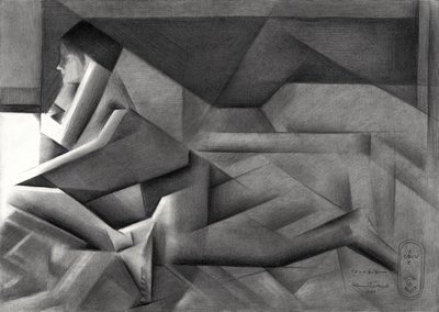 Mujer geométrica en actitud contemplativa de Corné Akkers