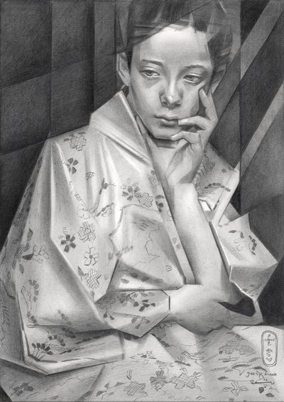 Chica pensativa con kimono de Corné Akkers