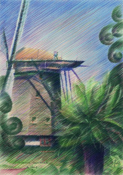 Dibujo de la vista del molino de viento de Corné Akkers
