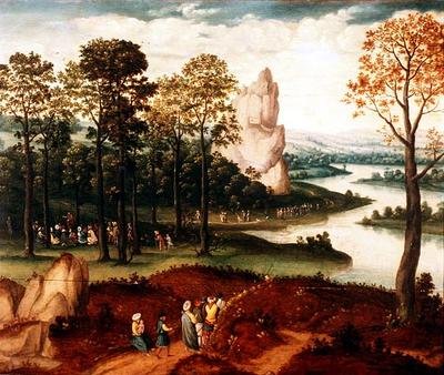 Un extenso paisaje fluvial boscoso con San Juan Bautista predicando de Cornelis (after) Massys