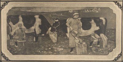 Reproducción fotográfica del dibujo de diseño con mujeres campesinas y vacas para vidriera de Richard Roland Holst de Cornelis Albertus Deul