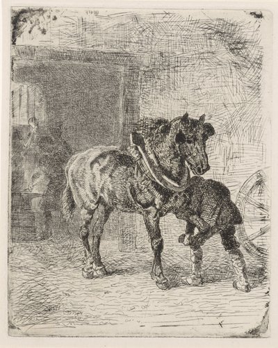 Caballo obtiene herraduras en una fragua de Cornelis Albertus Johannes Schermer