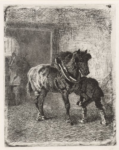 Caballo obtiene herraduras en una fragua de Cornelis Albertus Johannes Schermer