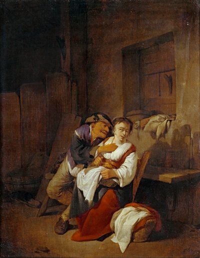Viejo luchando con una joven en un interior ... de Cornelis Bega