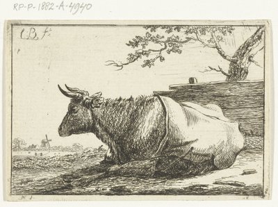 Paisaje con vaca acostada con tapa trasera de Cornelis  Bisschop