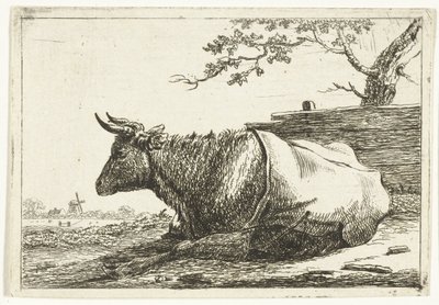 Paisaje con vaca acostada con tapa trasera de Cornelis  Bisschop
