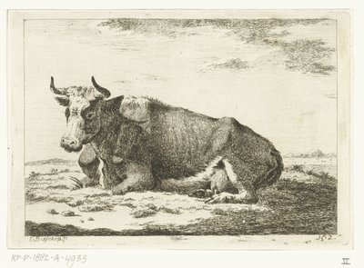 Paisaje con vaca acostada con cuernos Vacas (título de la serie) de Cornelis  Bisschop