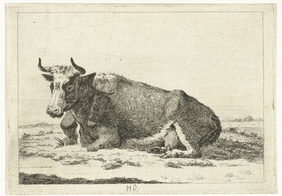 Paisaje con vaca acostada con cuernos Vacas (título de la serie) de Cornelis  Bisschop