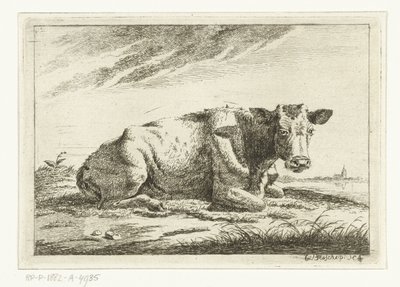 Paisaje con una vaca acostada sin cuernos. Vacas (título de la serie) de Cornelis  Bisschop