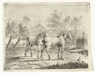 Paisaje de pasto con dos caballos cerca de un puente y una granja de Cornelis  Bisschop