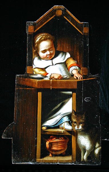 Tabla de maniquí que representa a un niño dormido en una silla alta de Cornelis Bisschop