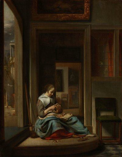 Mujer pelando una manzana de Cornelis Bisschop