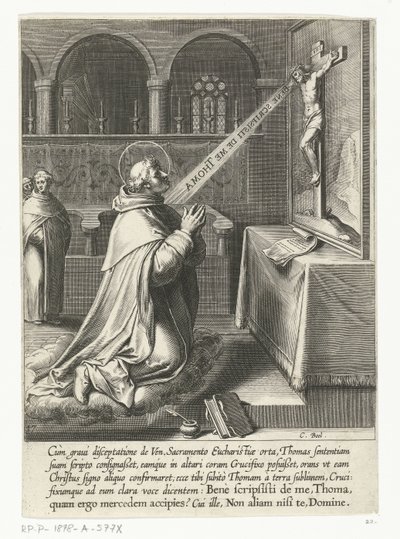 Santo Tomás de Aquino hablando con un crucifijo La vida de Santo Tomás de Aquino (título de la serie) de Cornelis Boel