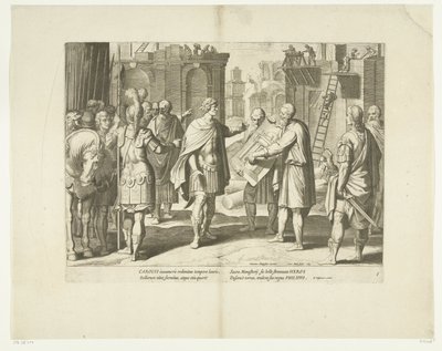 Karel V laat een klooster bouwen, 1555, nr. 8 Escenas uit het leven van Karel V (título de la serie) La vida del Emperador Carlos V. en bellísimos grabados en huecograbado sobre los diseños del célebre A. Tempeste, por dos de los más hábiles Maestros J. de de Cornelis Boel