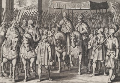 Placa 3: Carlos V Coronado Emperador entrando en Roma con el Papa, de los Triunfos de Charl... de Cornelis Boel