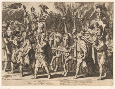 Marcha de la victoria de Carlos V y su hermano Fernando I tras la liberación de Viena, 1529 Triunfos de Carlos V (título de la serie) de Cornelis Boel
