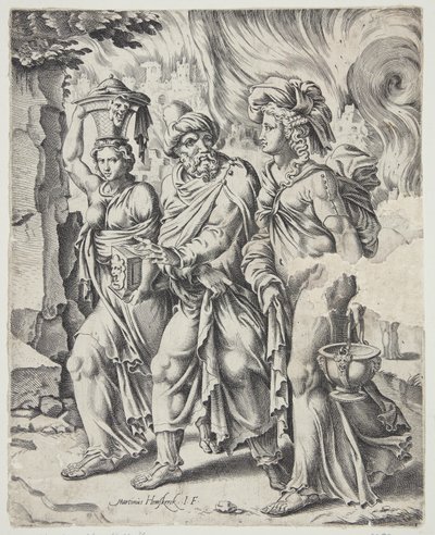 Lot y sus hijas dejando la ardiente Sodoma de Cornelis Bos