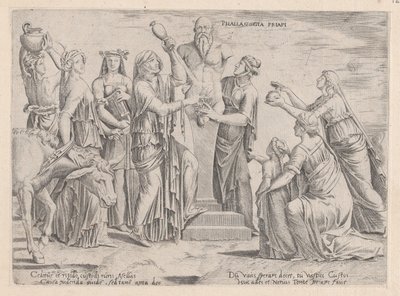 Speculum Romanae Magnificentiae: Ocho mujeres sacrificando a Príapo, siglo XVI de Cornelis Bos.