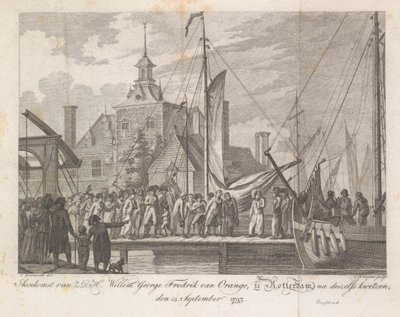 Llegada del príncipe herido Willem George Frederik a Rotterdam, 1793 Llegada de Z.D.H. Willem George Fredrik van Oranje, en Rotterdam, después de sus heridas, 15 de septiembre de 1793 (título sobre el objeto) de Cornelis Brouwer