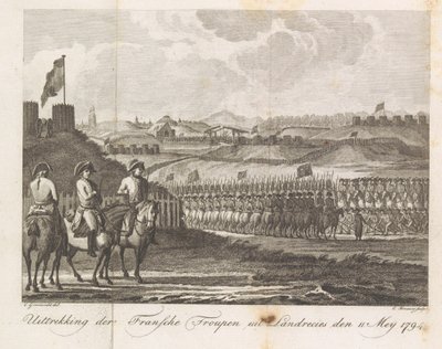 Tropas francesas saliendo de Landrecy, 1794 Extracción de la Troupen francesa de Landrecies den 11 de mayo de 1794 (título sobre el objeto) de Cornelis Brouwer