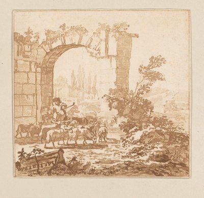 Rebaño de cabras en una puerta de Cornelis Brouwer