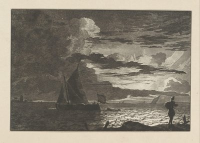 Hombre con bolso al hombro al amanecer de Cornelis Brouwer