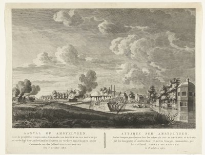 Las tropas prusianas atacan Amstelveen, defendida por los arqueros de Ámsterdam el 1 de octubre de 1787. Ataque a Amstelveen... el 1 de octubre de 1787 (título sobre el objeto) Attaque sur Amstelveen ... le 1er. Octubre de 1787 (título sobre el objeto) de Cornelis Brouwer