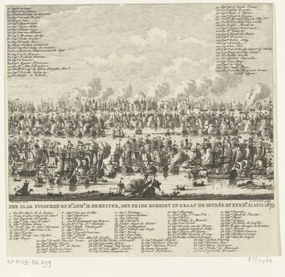 Batalla de Kijkduin, 1673 Batalla Naval entre el Hr. administración. M. de Ruiter, Prince Robbert y Count de Estrée por Kykdn. 21 de agosto de 1673 (título sobre el objeto) de Cornelis Brouwer