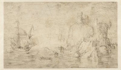 Paisaje marino con un barco cerca de una isla de Cornelis Claesz van Wieringen (attributed to)
