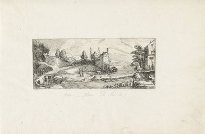 Paisaje de río con dos mujeres en un puente. Paisajes (título de la serie) de Cornelis Claesz van Wieringen (possibly)
