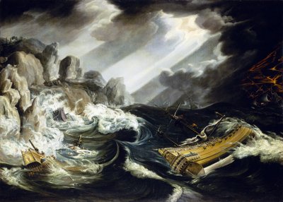 El naufragio del buque "Amsterdam", dos barcos chocan contra las rocas en alta mar durante una tormenta de Cornelis Claesz  van Wieringen