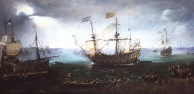 Tres máster disparando un saludo en el Maas en Dordrecht de Cornelis Claesz  van Wieringen