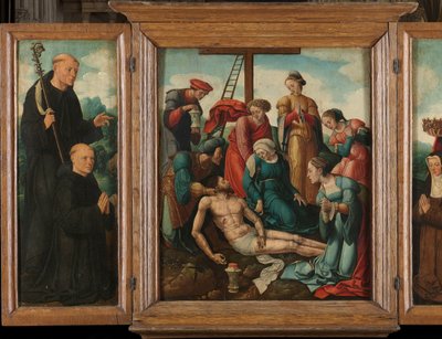 Tríptico con la Lamentación de Cristo (centro), flanqueado por el Donante masculino con San Benito (izquierda, ala interior) y el Donante femenino con Santa Isabel de Turingia (derecha, ala interior) de Cornelis Cornelisz II Buys (attributed to)