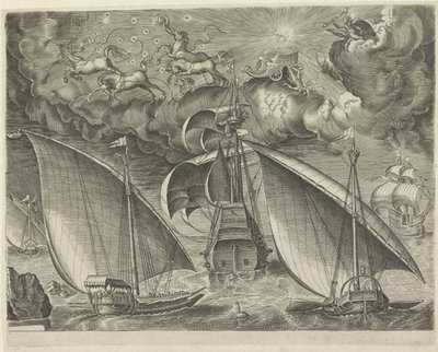Dos galeras detrás de un tres maestros, en el cielo la caída de Phaëthon Veleros (título de la serie) de Cornelis Cort (possibly)