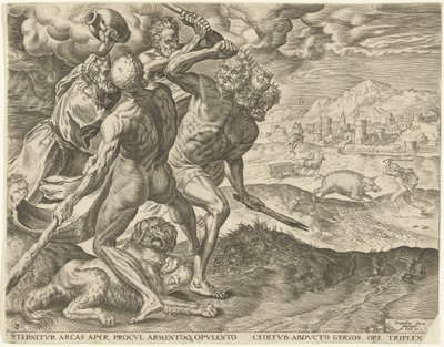 Hércules mata a Gerión y a su perro. Trabajos de Hércules (título de la serie) de Cornelis Cort