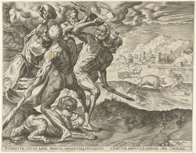 Hércules mata a Gerión y a su perro
Trabajos de Hércules (título de la serie) de Cornelis Cort