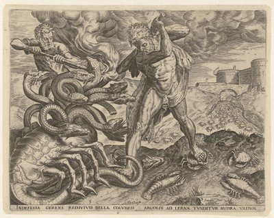 Hércules conquista la hidra de Lerna Trabajos de Hércules (título de la serie) de Cornelis Cort